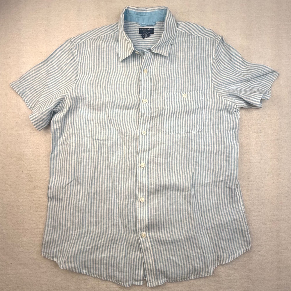 Caribbean Joe Mens Large Blue White Striped 100% Linen Shirt nautical resort - Picture 3 of 6